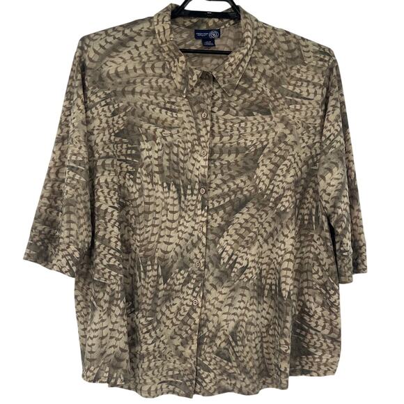 Vtg Y2K Venezia Jeans Button Up Womens Top Sz 22/24 Boho Earthy Neutral Feather - Picture 1 of 9